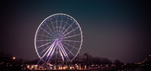 photograph of a ferris wheel with purple lights